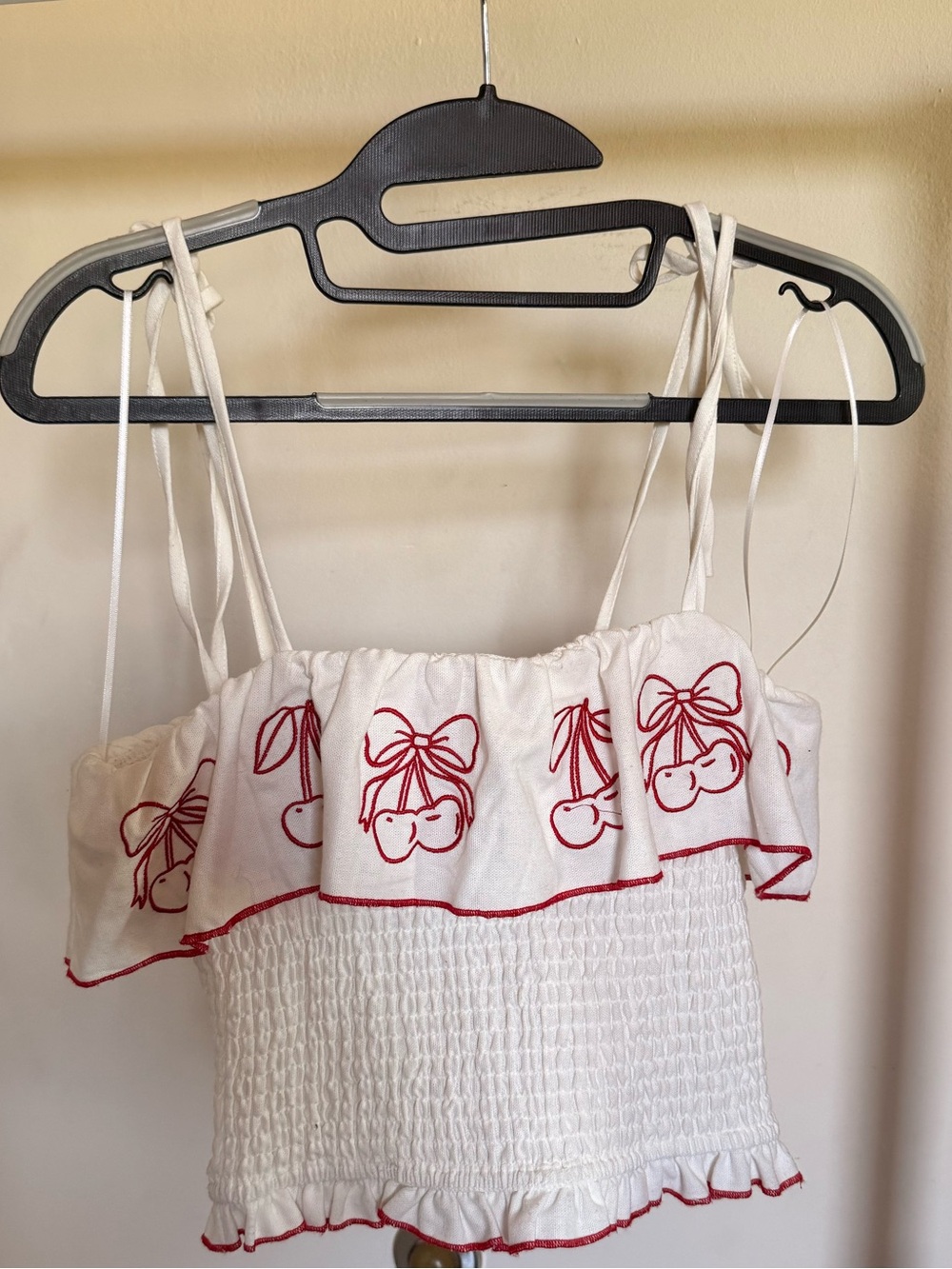 White Smocked Crop Tank Top with Red Cherry Embroidery